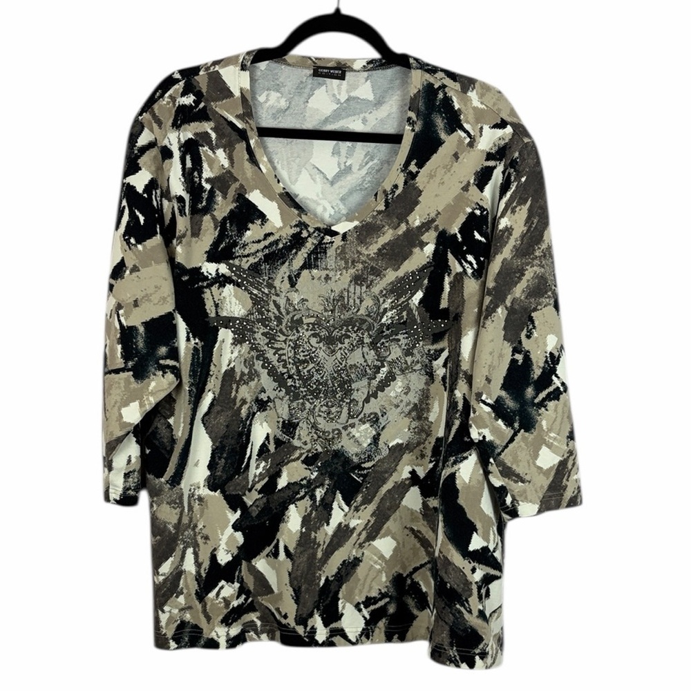 Gerry Weber Casual Abstract Embellished Long Sleeve Cotton Top Size 18 Black Tan